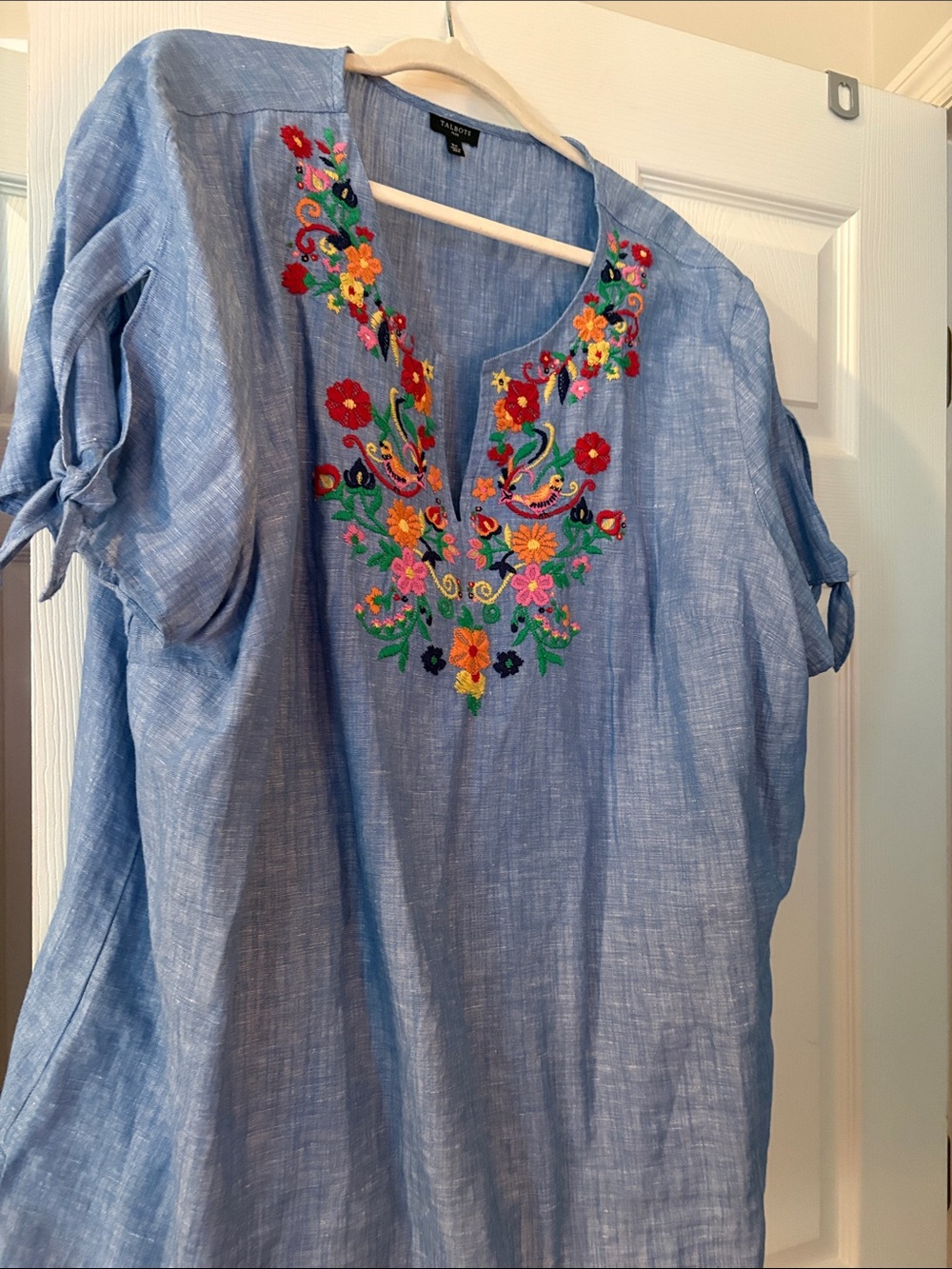 Talbots Light Blue Embroidered Floral V-Neck Tunic